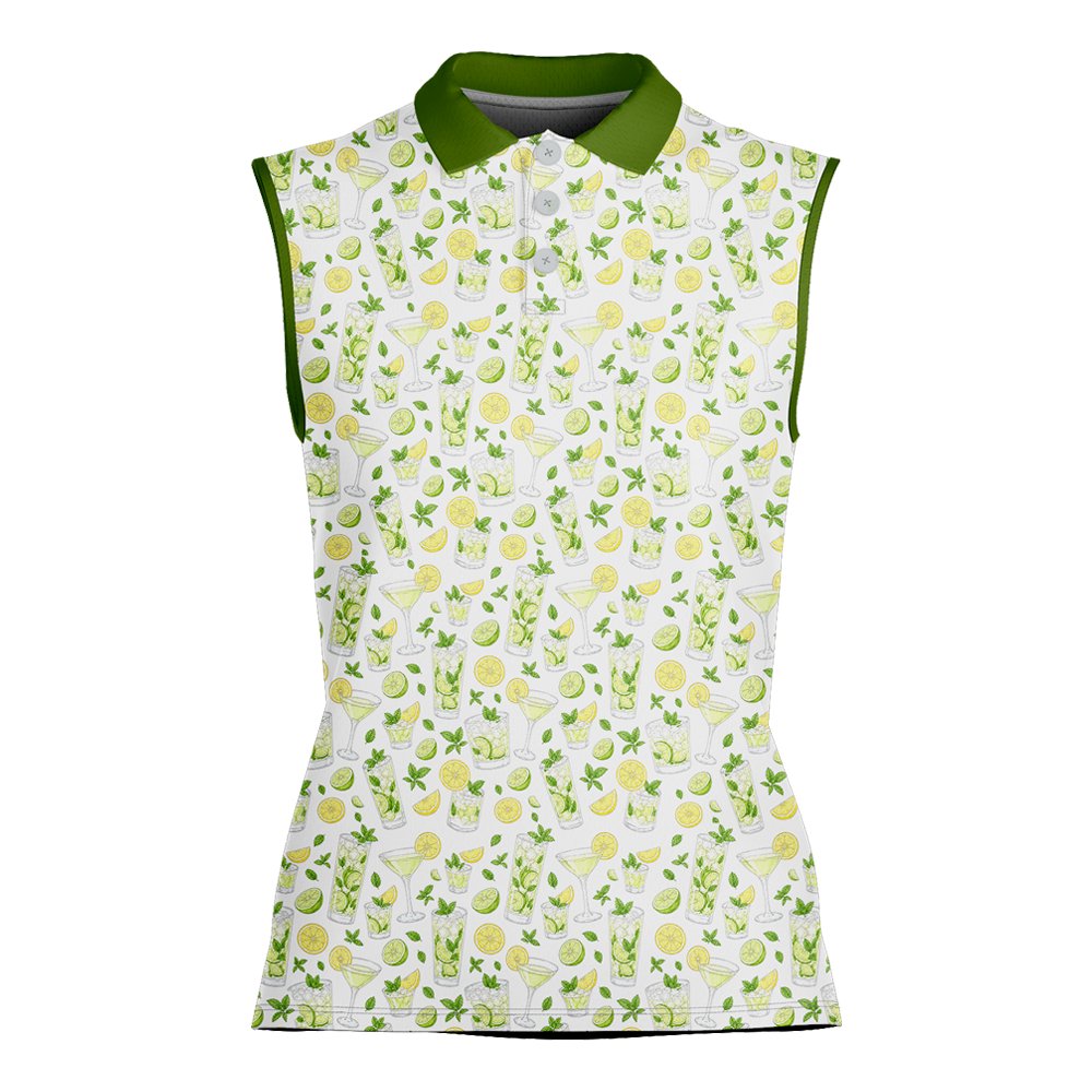 Front view of the white polo shirt with illustrated mojitos and a solid green collar