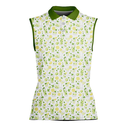 Front view of the white polo shirt with illustrated mojitos and a solid green collar