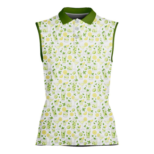 White polo shirt featuring a green mojito cocktail, lime, and mint leaf all-over print, main view