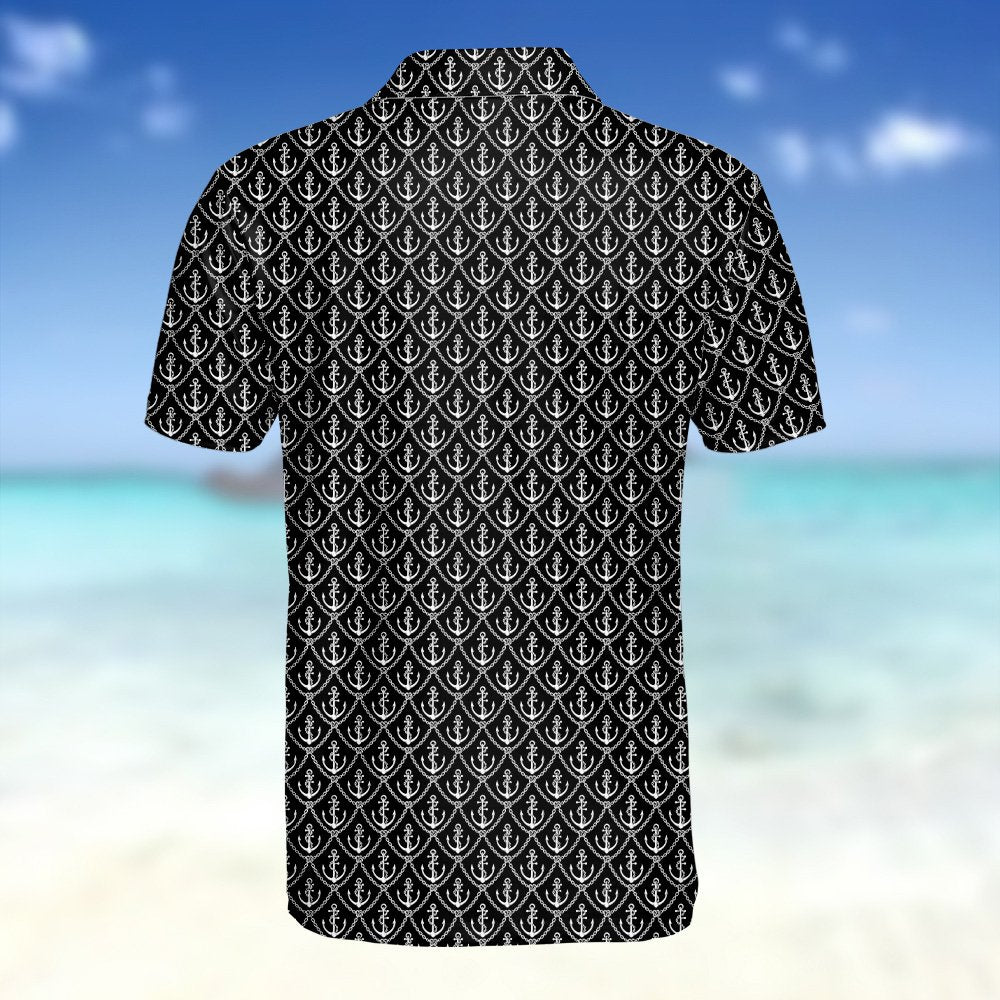 Back view of the nautical polo shirt featuring white anchors