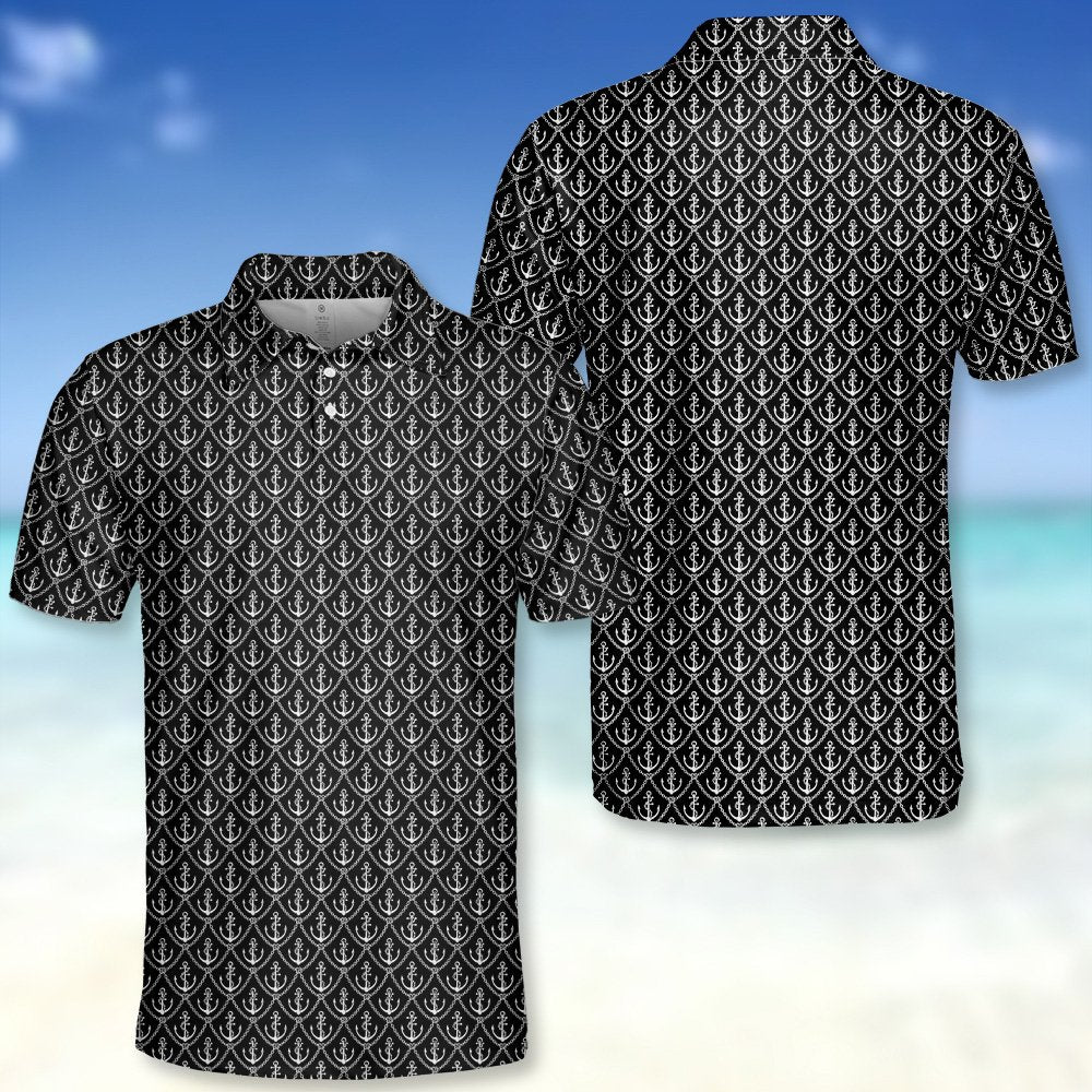 Alternative front view of the black nautical polo shirt with anchor design