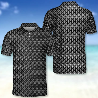 Alternative front view of the black nautical polo shirt with anchor design