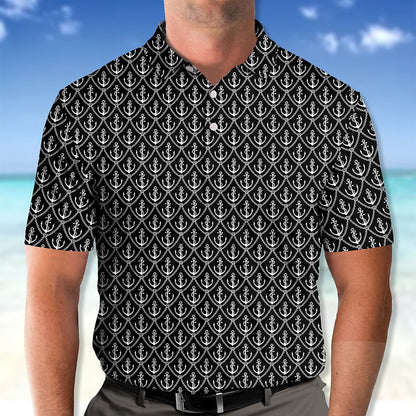 Front angle view of the black and white nautical polo shirt