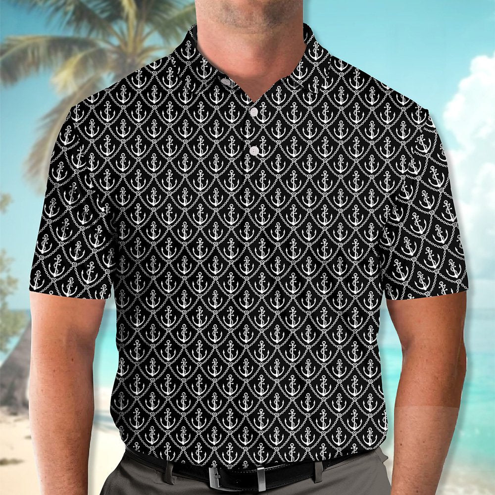 Close up front view of the geometric polo shirt pattern
