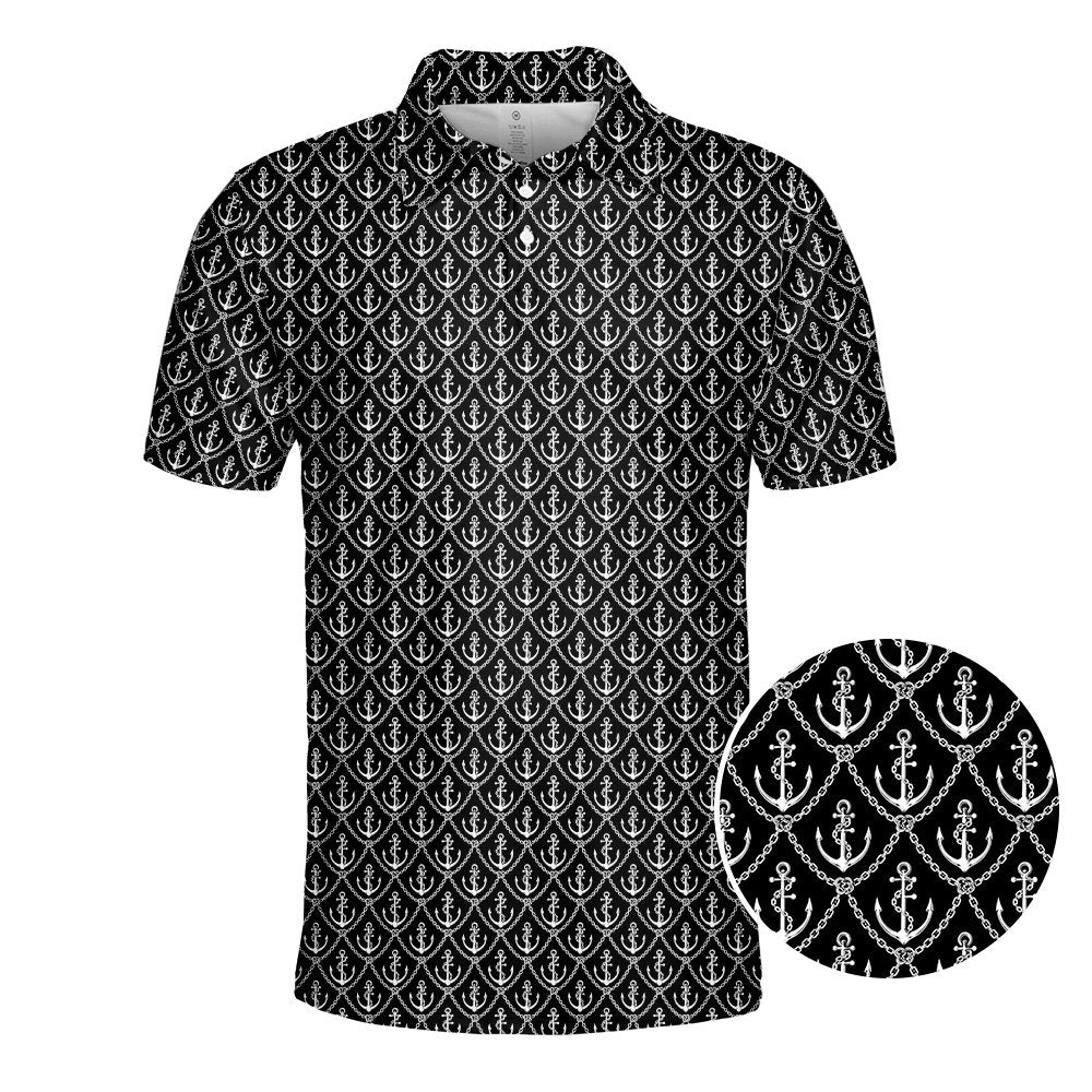 Front view of the collar and pattern on the nautical polo shirt