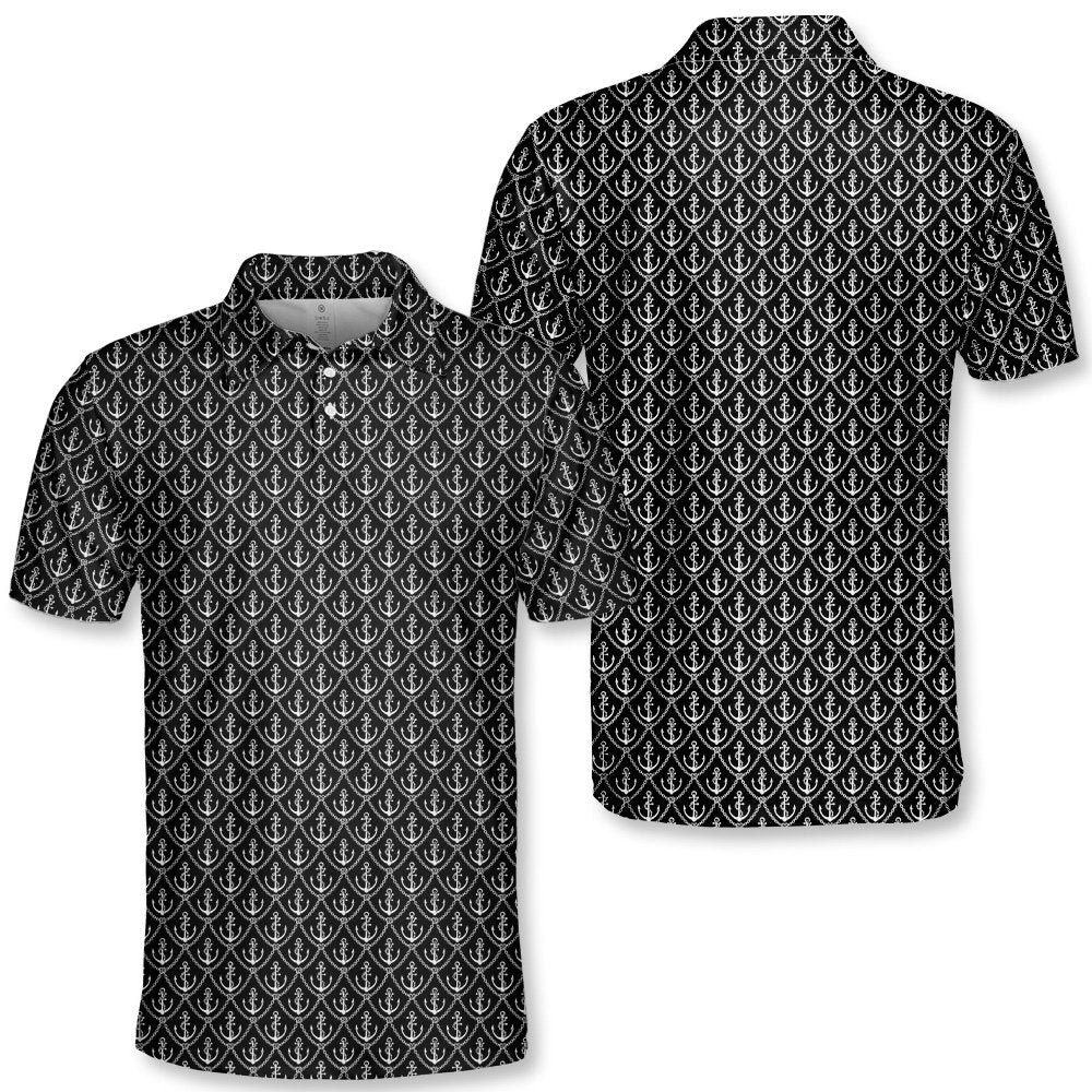 Lower front view of the anchor print polo shirt