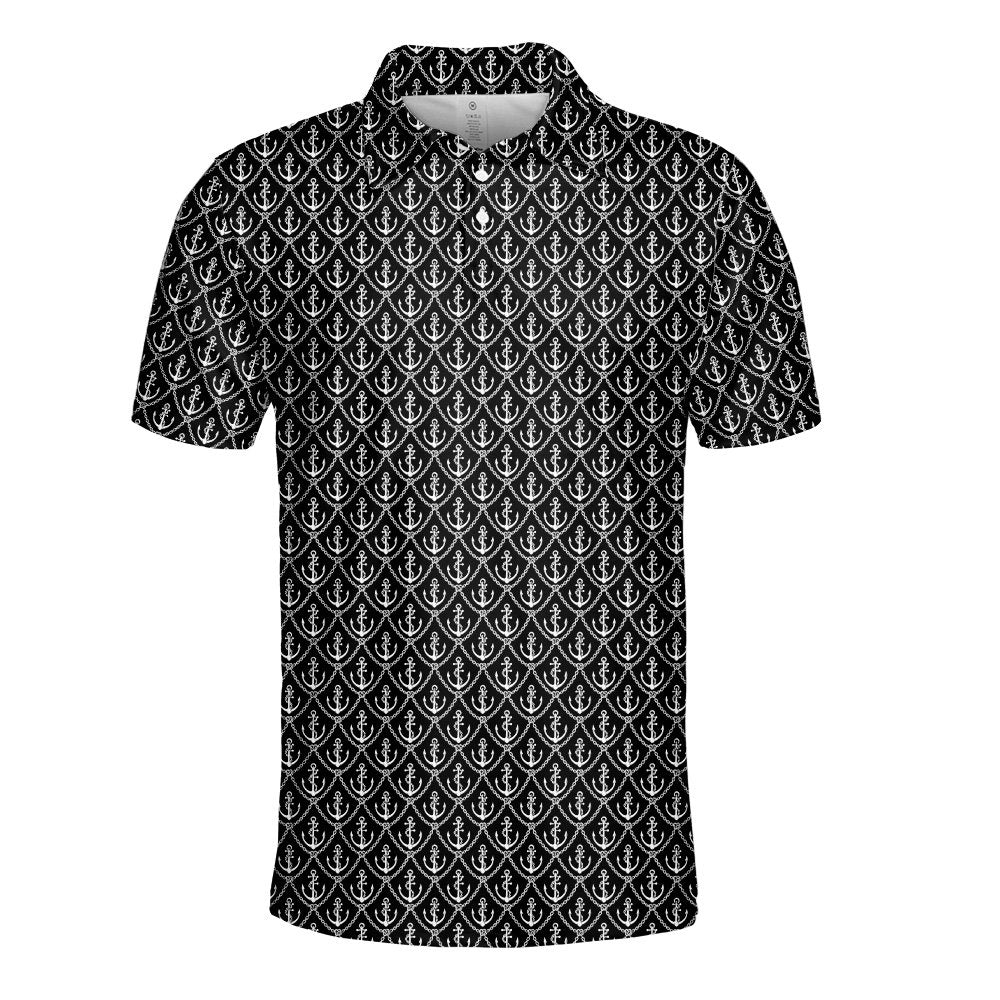 Main view of the nautical polo shirt in black with white anchors and chains