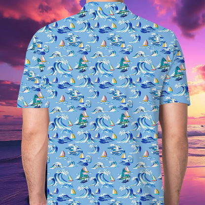 Close up back view of the ocean wave pattern on the polo