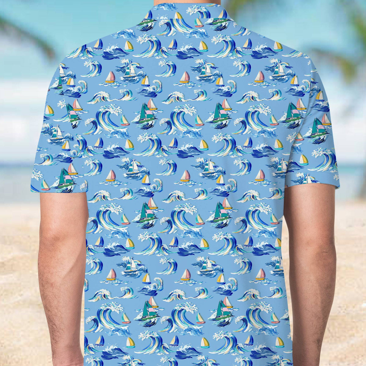 Final back view of the light blue nautical polo shirt