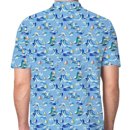 Back view of the nautical polo t shirt with rolling waves
