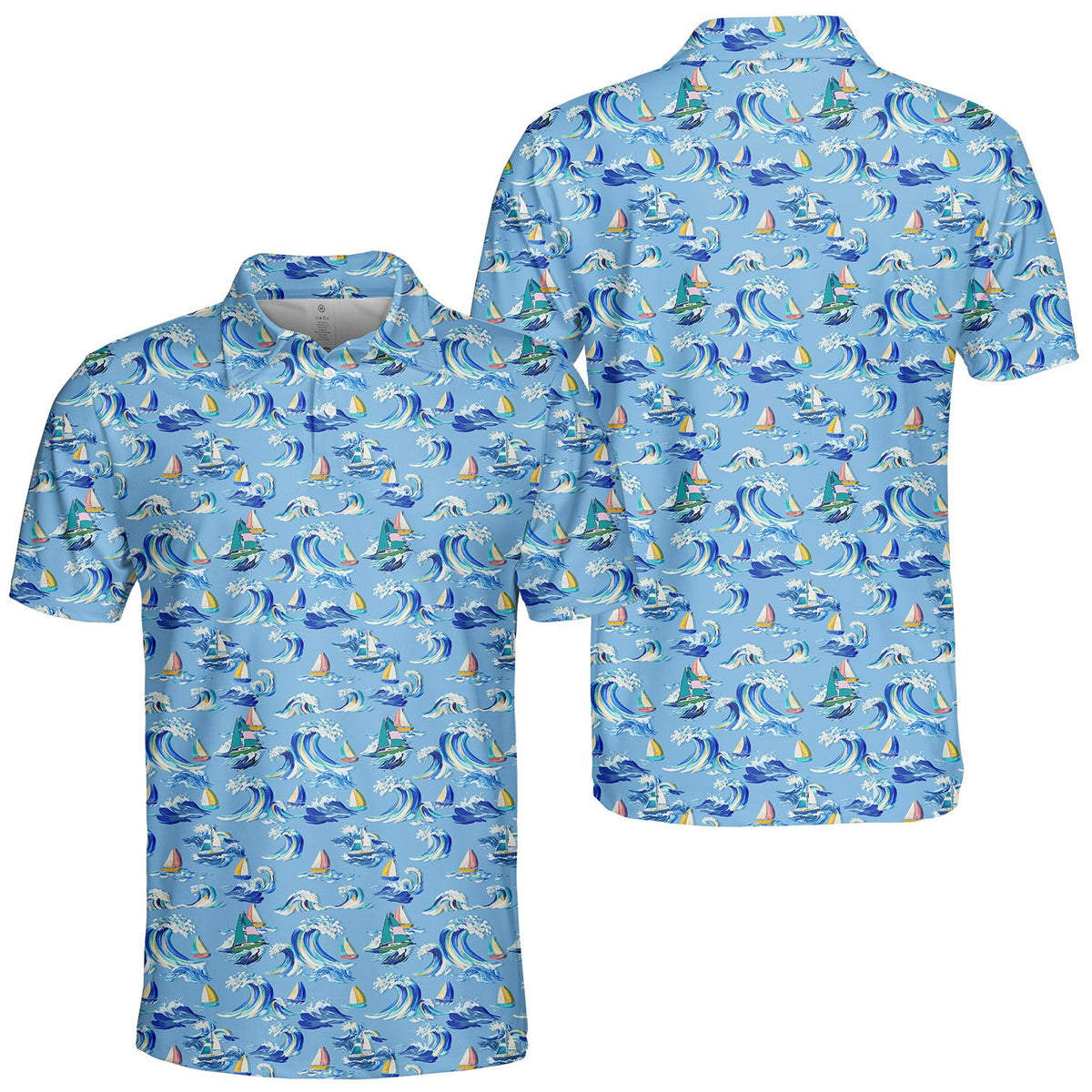 Close up front view of the light blue nautical polo shirt