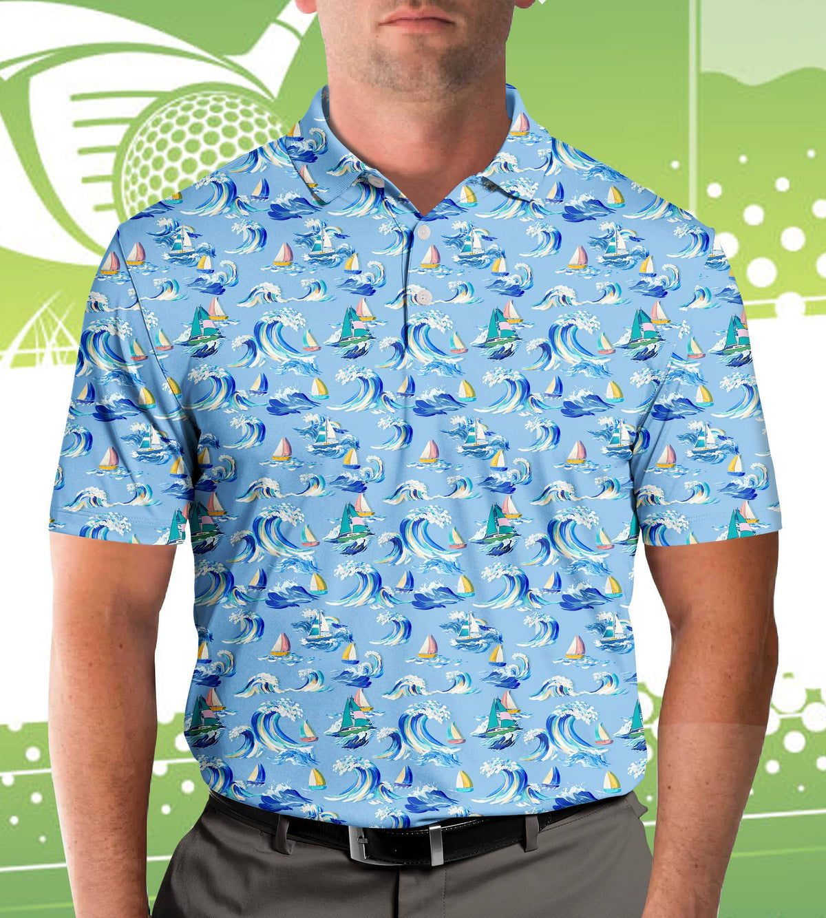 Detailed front view of the sailboat and wave pattern on the polo shirt