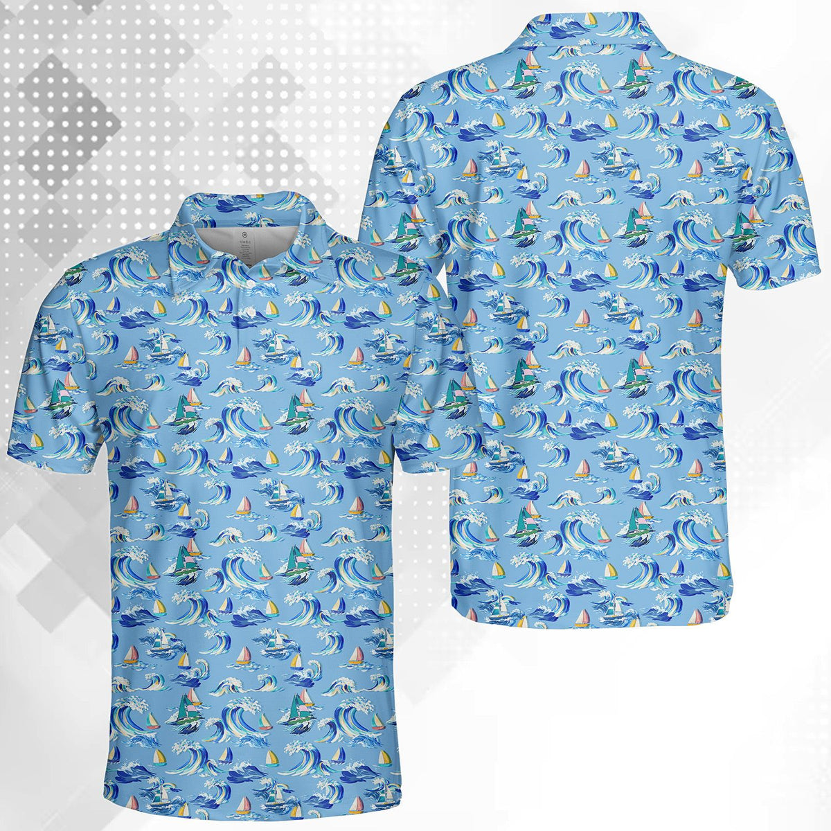 Nautical polo t shirt with sailboat and wave design, main view