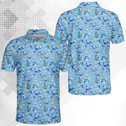 Nautical polo t shirt with sailboat and wave design, main view