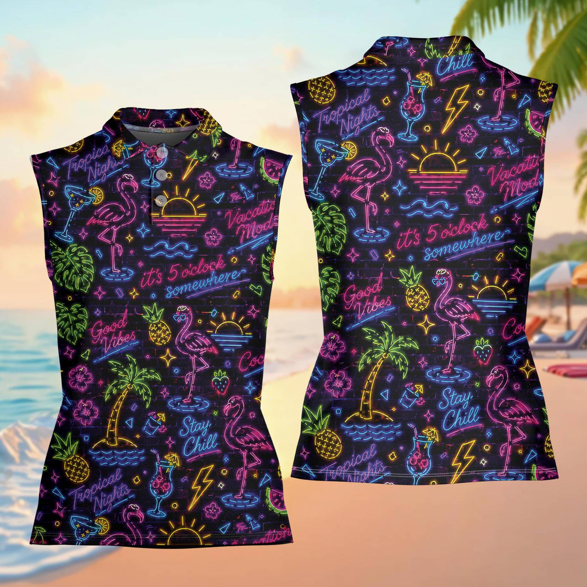 Front view of the black neon polo shirt with vibrant tropical signs