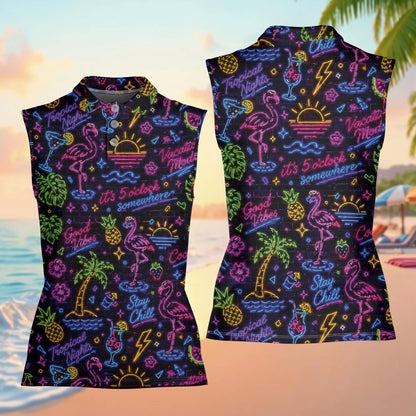 Front view of the black neon polo shirt with vibrant tropical signs