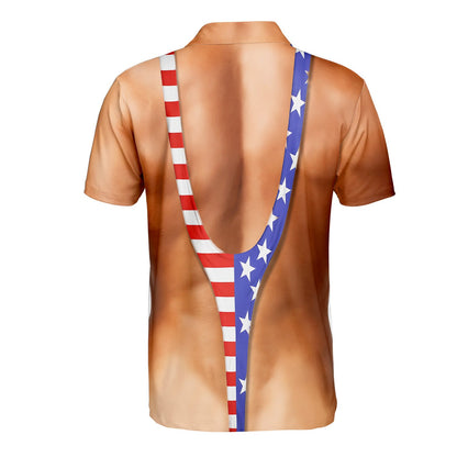 Second back view of the novelty muscular back polo shirt
