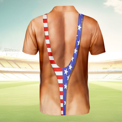 Back view of the brown novelty polo shirt showing a muscular back