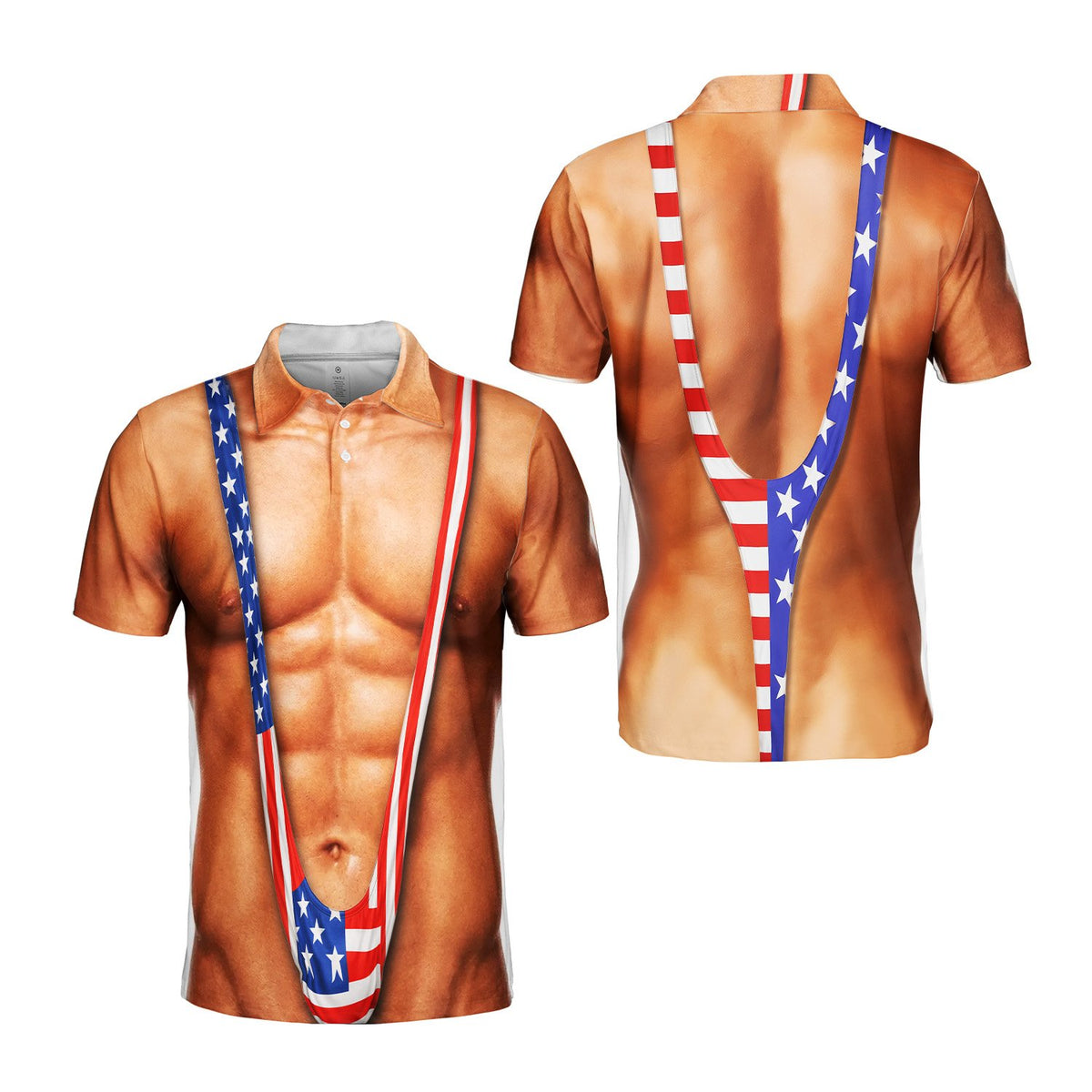 Close up front view of the USA mankini novelty polo shirt