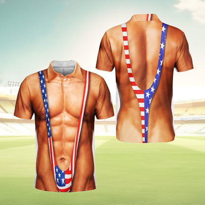 Front view of the brown novelty polo shirt with muscular torso
