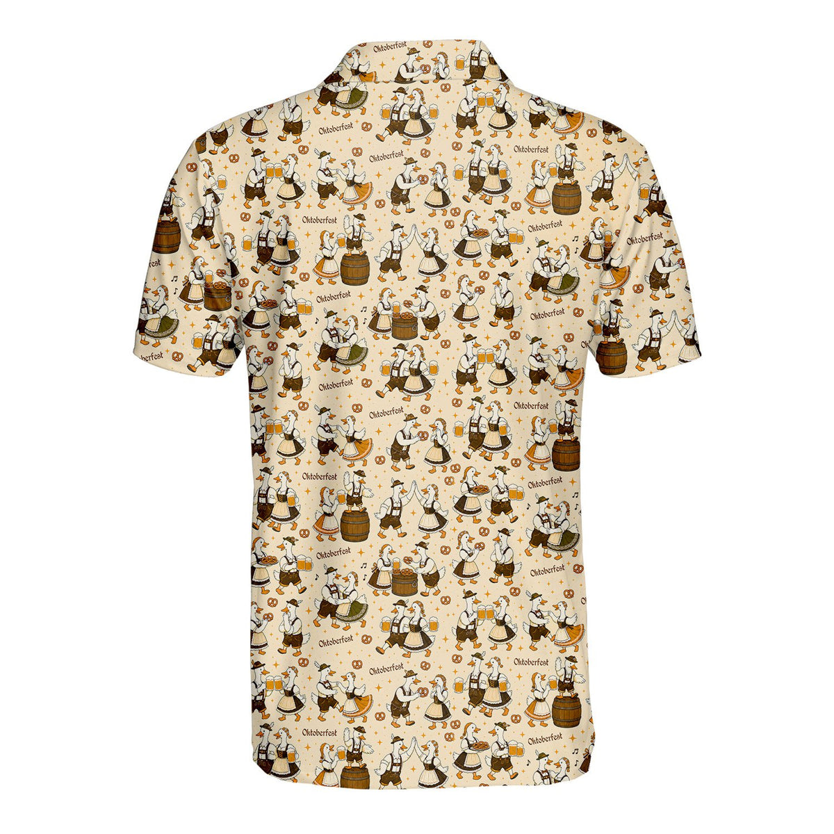 Back view of beige oktoberfest polo shirt with Bavarian geese pattern