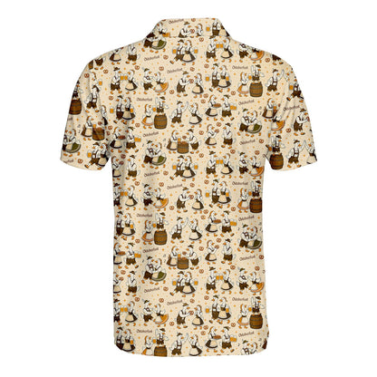 Back view of beige oktoberfest polo shirt with Bavarian geese pattern