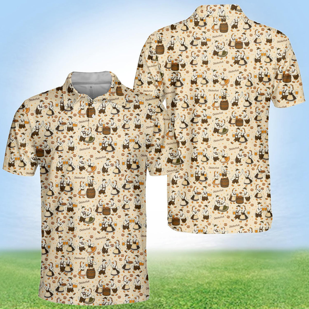 Alternate front view of beige oktoberfest polo shirt with geese design