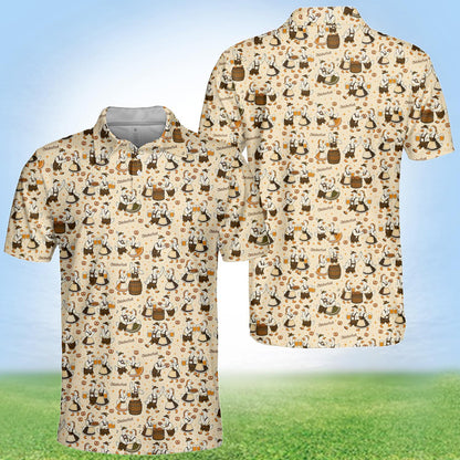 Alternate front view of beige oktoberfest polo shirt with geese design
