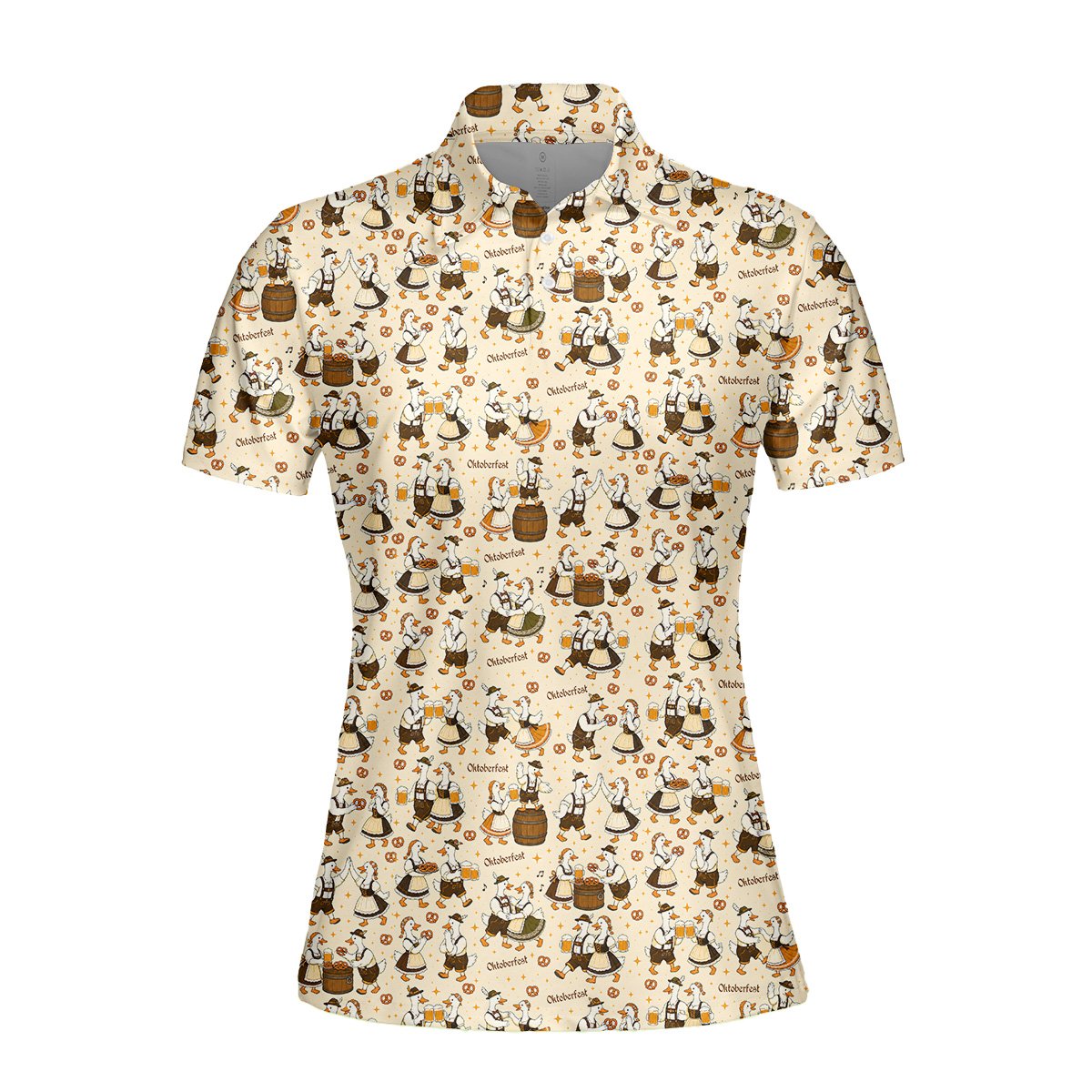 Detailed front view of beige oktoberfest polo shirt collar and buttons