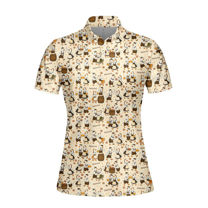 Detailed front view of beige oktoberfest polo shirt collar and buttons