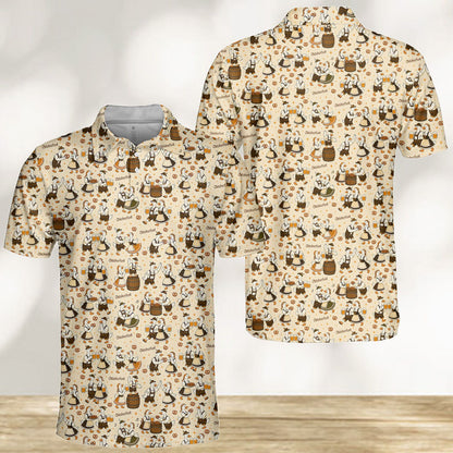 Another front view of beige oktoberfest polo shirt highlighting the print
