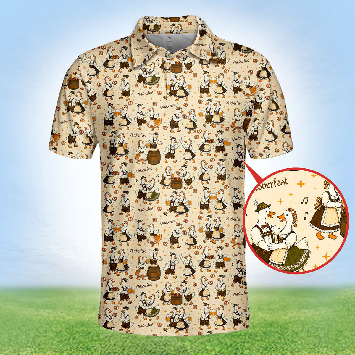 Main view of beige oktoberfest polo shirt featuring Bavarian geese pattern
