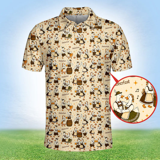 Main view of beige oktoberfest polo shirt featuring Bavarian geese pattern