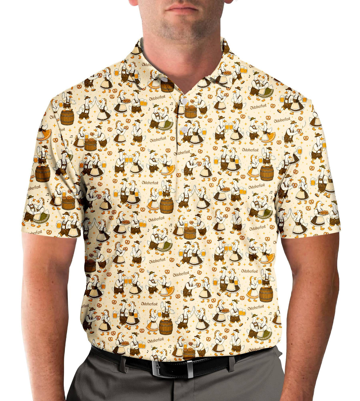 Second lifestyle view of a person wearing the beige oktoberfest polo shirt outdoors