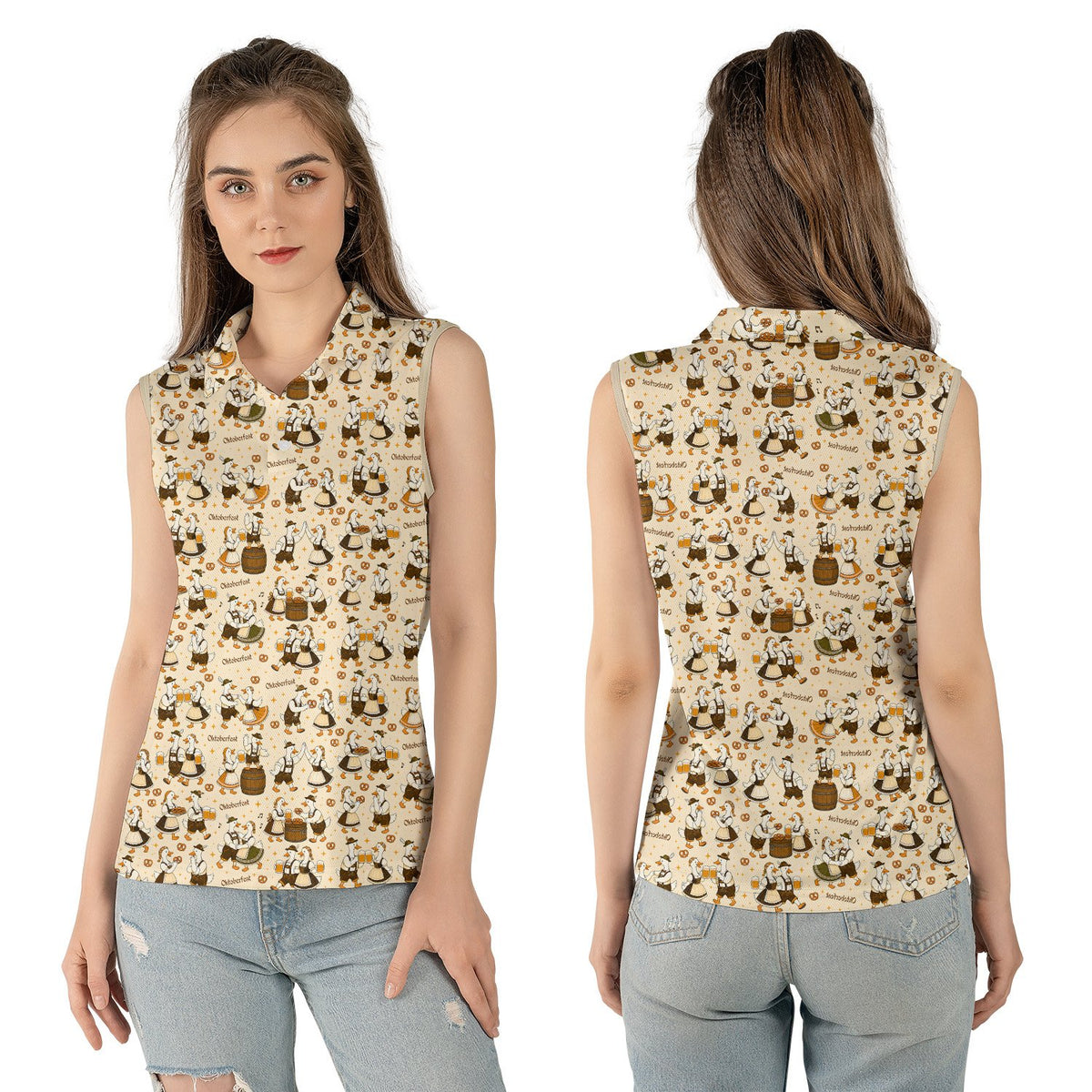 Lifestyle view of a person wearing the beige oktoberfest polo shirt