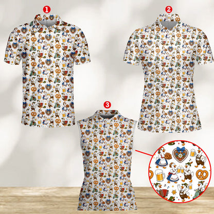 Close up front view of white oktoberfest polo shirt details
