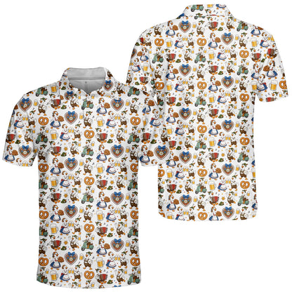 Detailed front view showing Bavarian duck pattern on polo shirt