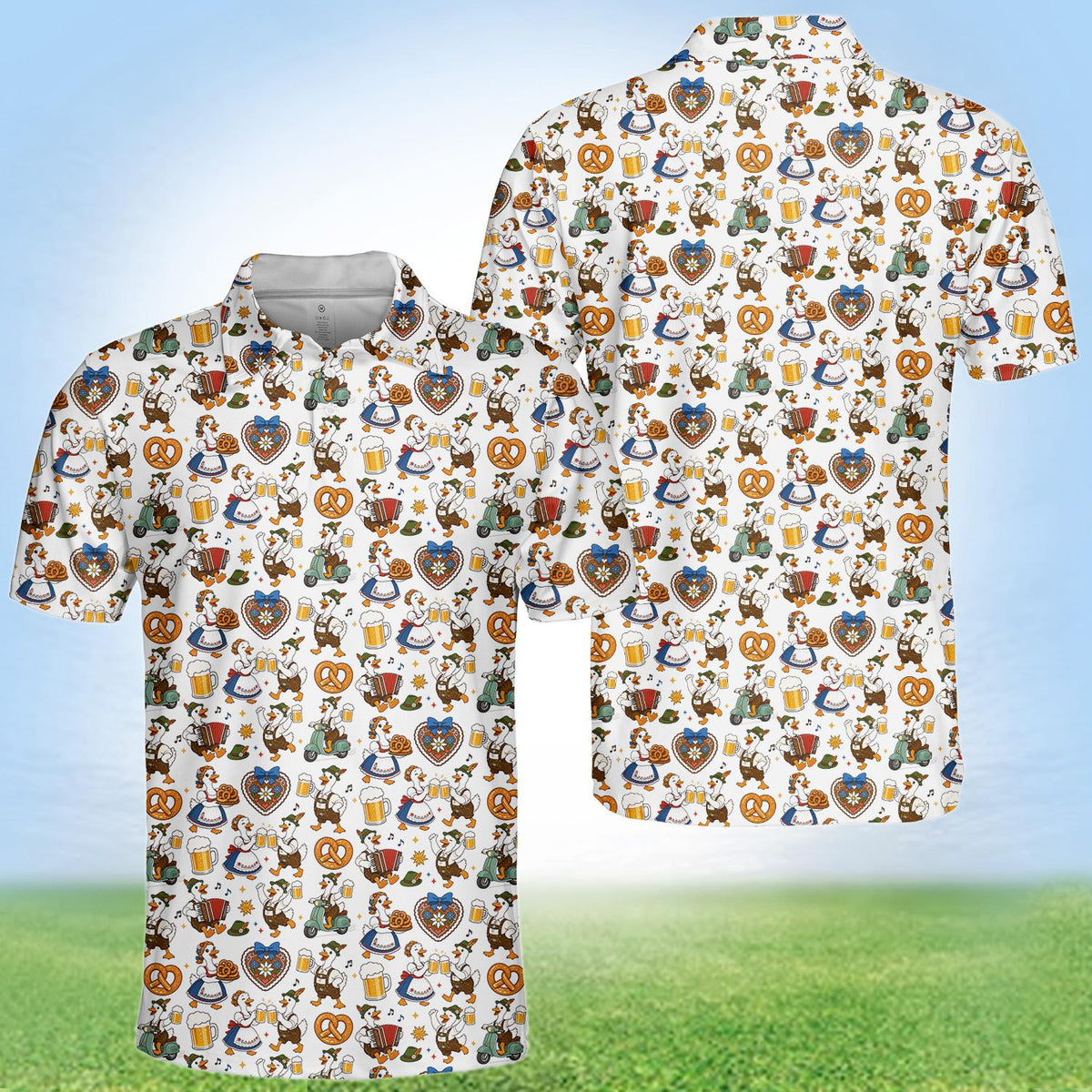 Collar detail front view of white oktoberfest polo shirt