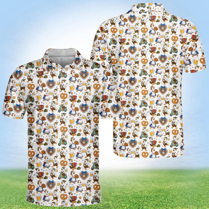 Collar detail front view of white oktoberfest polo shirt