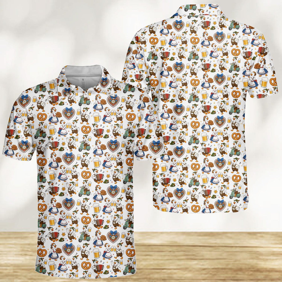 Bottom hem front view of white oktoberfest polo shirt