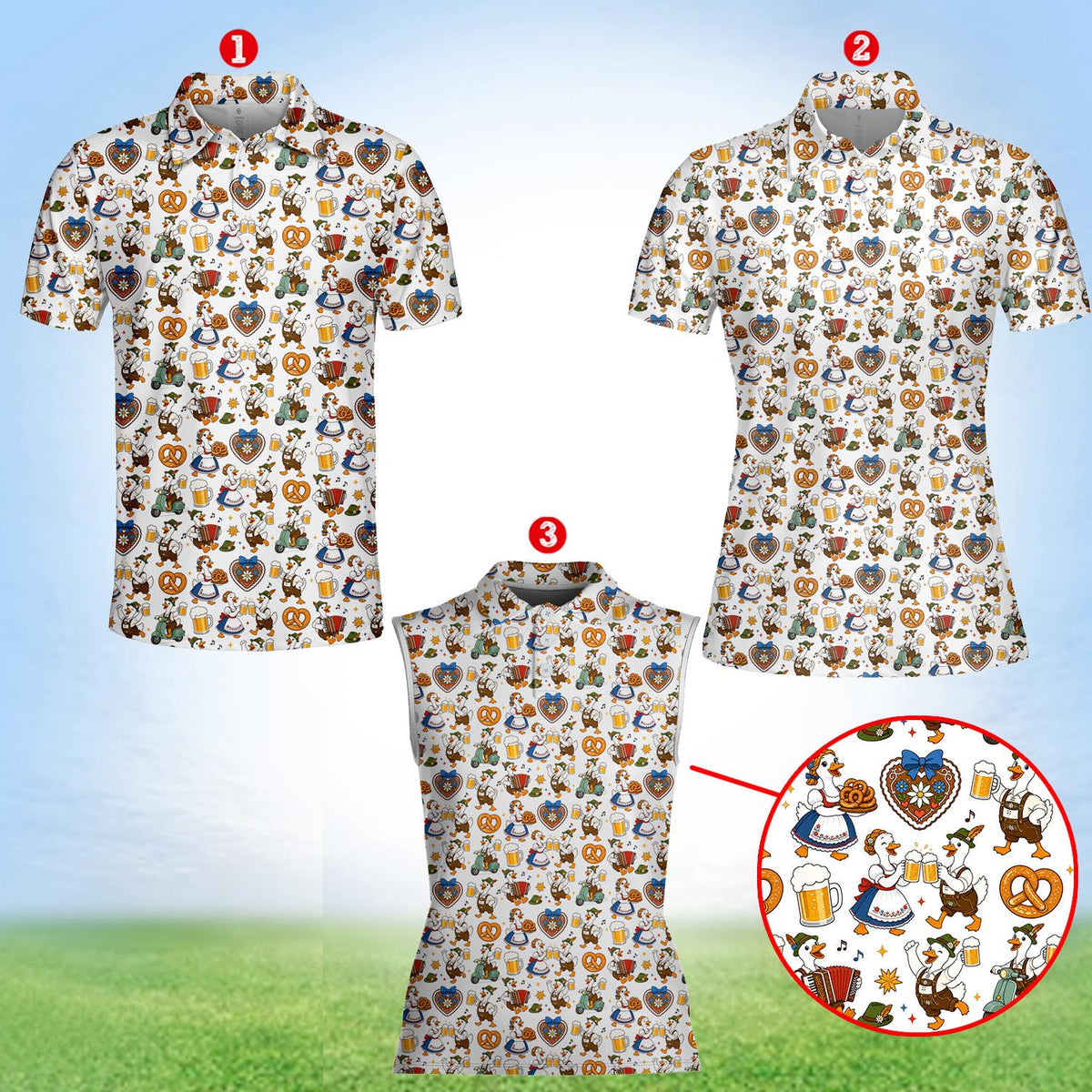Front view of white oktoberfest polo shirt with cartoon duck print