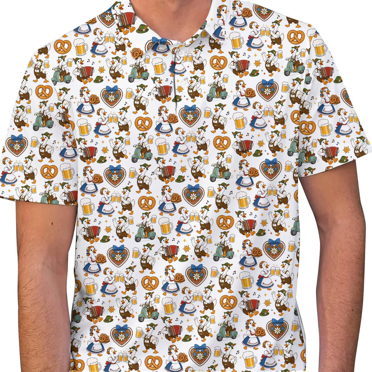 Lifestyle view of a person wearing the white oktoberfest polo shirt