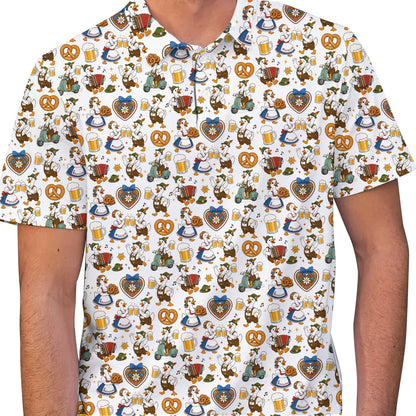 Lifestyle view of a person wearing the white oktoberfest polo shirt