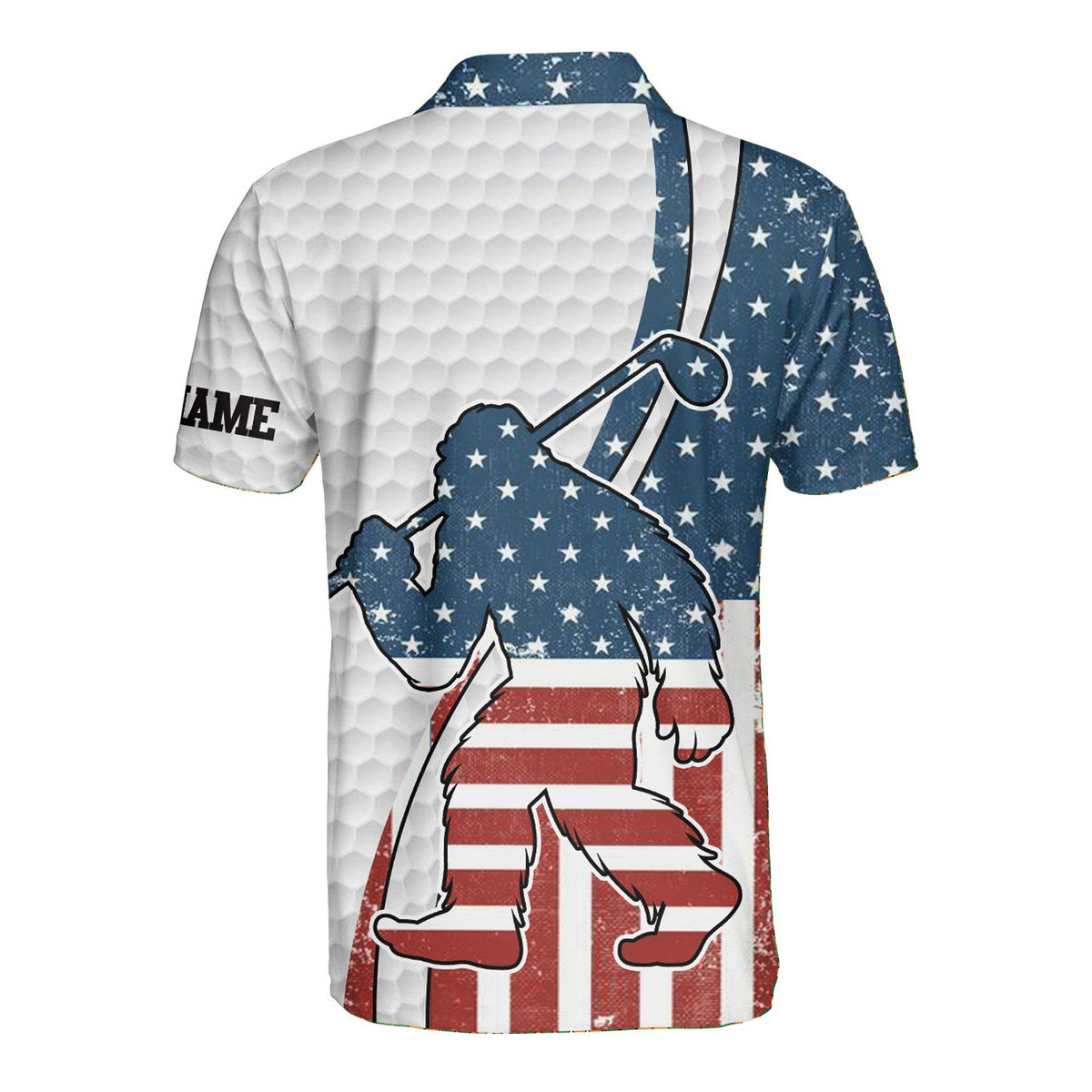 Back view of the personalized patriotic bigfoot polo shirt
