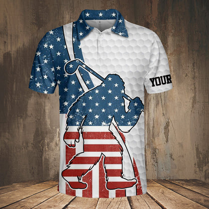 Close up front view of the patriotic bigfoot design on the personalized polo shirt