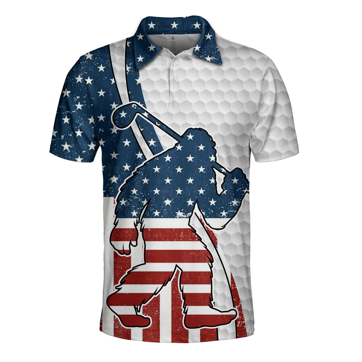 Another front view angle of the holiday patriotic bigfoot polo shirt