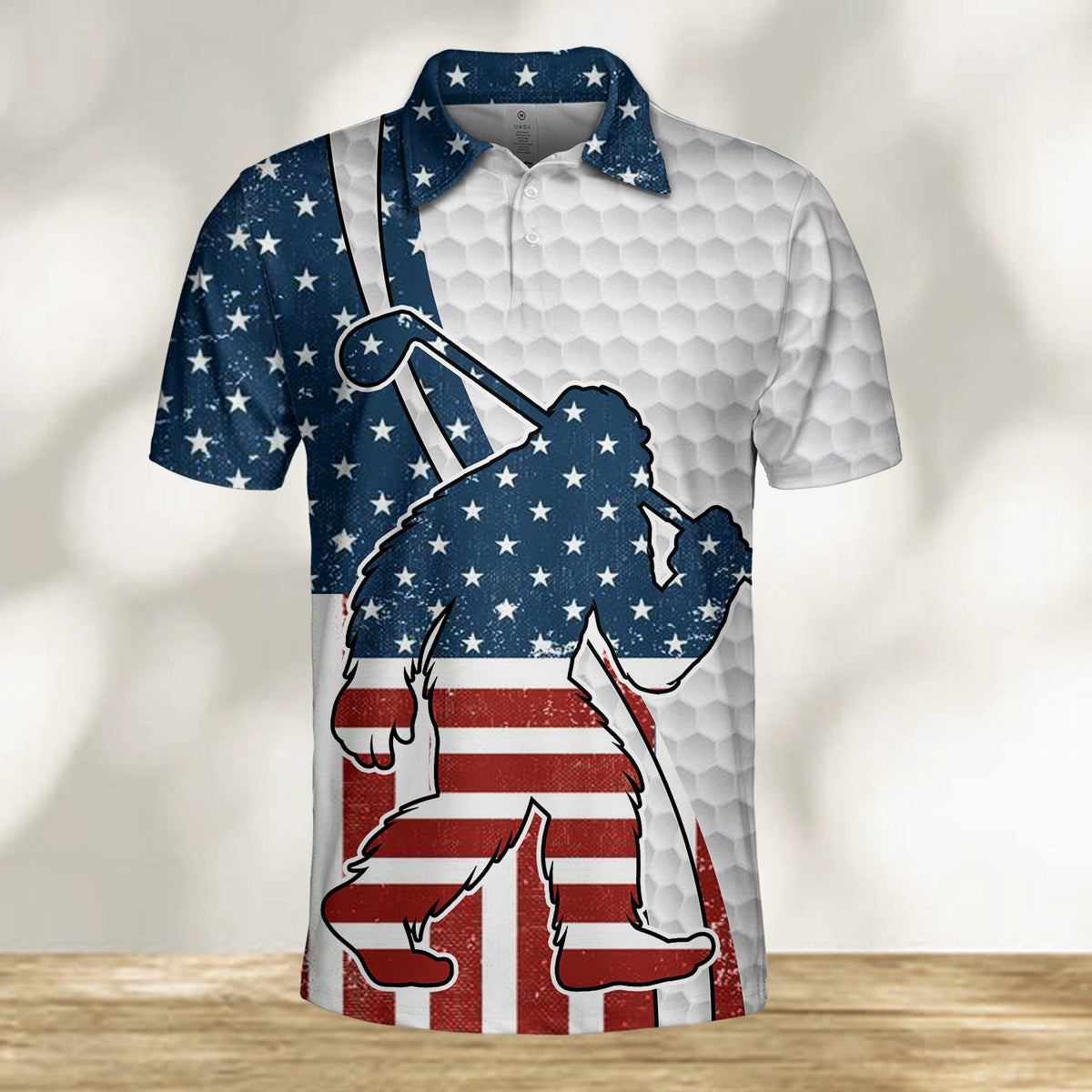 Lifestyle front view of the bigfoot American flag polo shirt