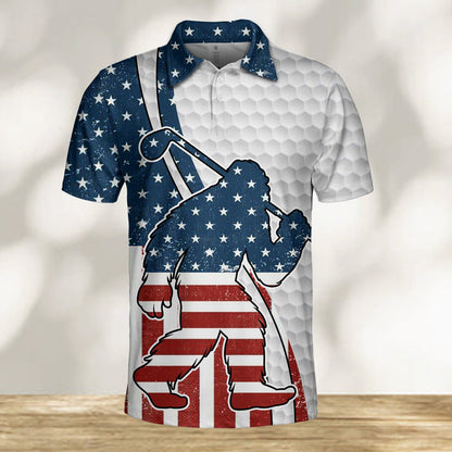 Lifestyle front view of the bigfoot American flag polo shirt