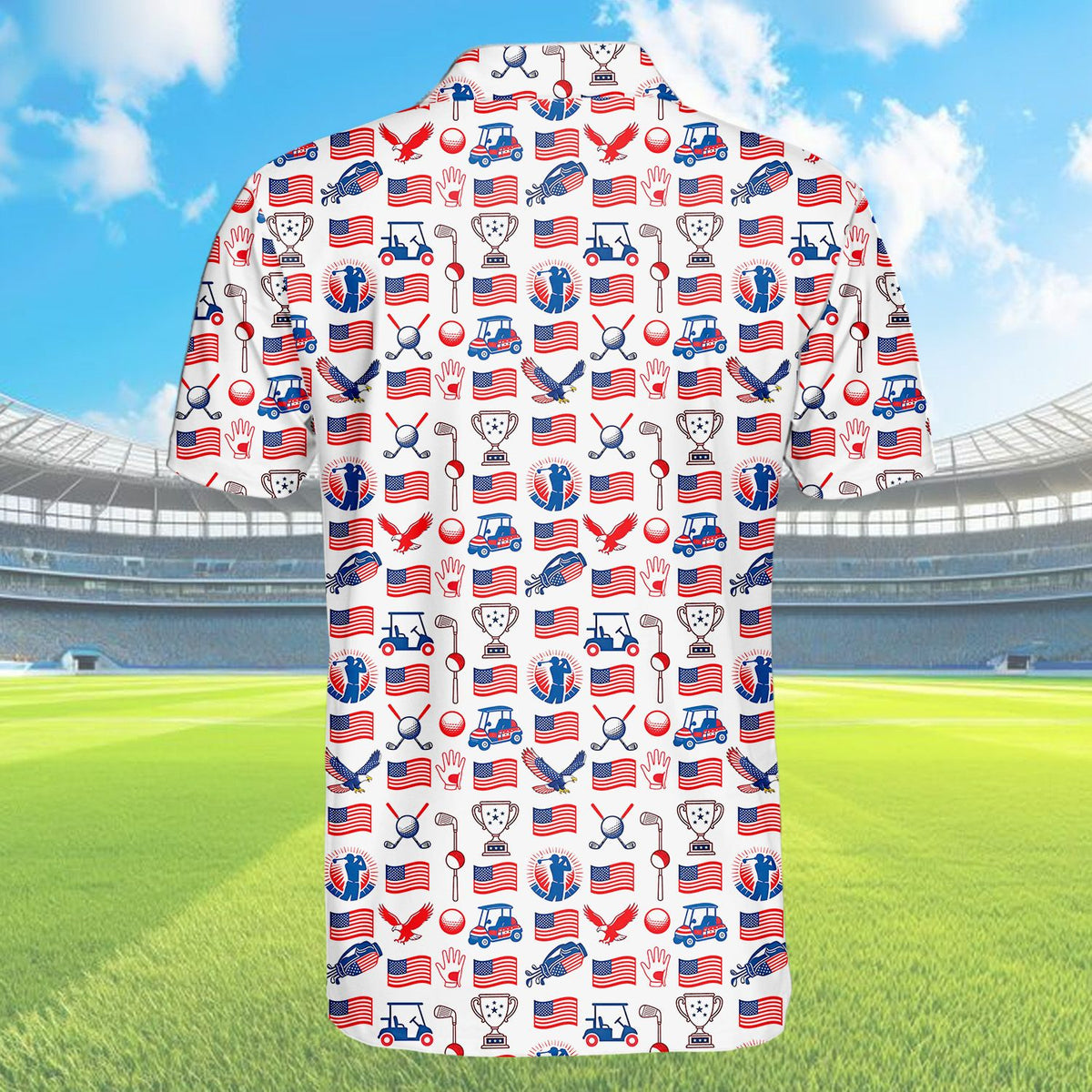 Alternate back view of the patriotic golf polo shirt design