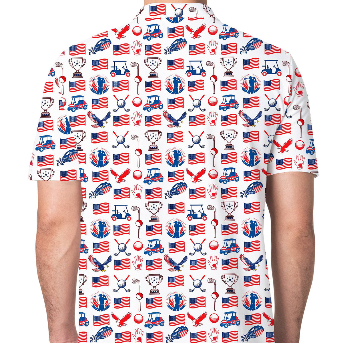 Back view of the patriotic golf polo shirt showing the repeating pattern